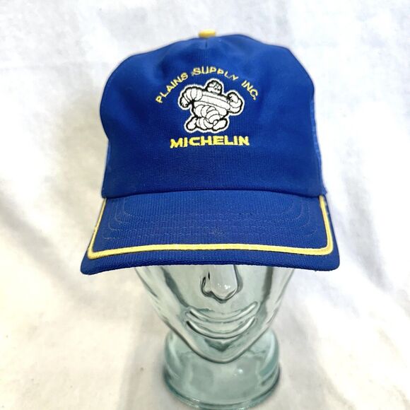 vintage 80s Blue Michelin Plains Supply Snapback Trucker Hat Unisex - Picture 6 of 13